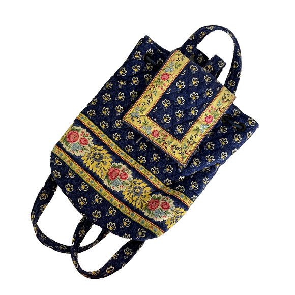 Vera Bradley Handbags - Vintage Vera Bradley Maison Navy Blue Floral Mini Backpack Quilted Cotton